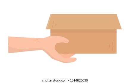 hand with cardboard box charity and donation concept vector illustration