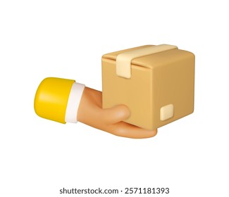 Hand with cardboard box delivery vector 3d cartoon icon. Character arm giving package order isolated on white background. Courier service illustration