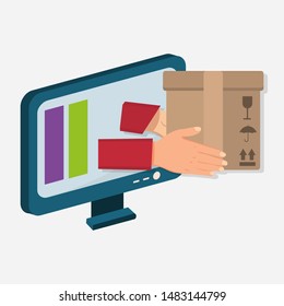 hand with cardboard come out from monitor for online delivery service concept vector illustration
