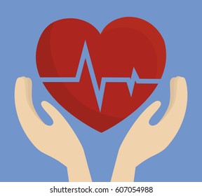 hand with cardio heart icon over blue background. colorful design. vector illustration