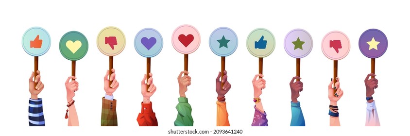 Hand cards cartoon set with feedback like and dislike, heart and star signs. Vector social media votes, positive and approve, satisfaction and success marks, afro american asian skin multiethnic arms