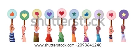 Hand cards cartoon set with feedback like and dislike, heart and star signs. Vector social media votes, positive and approve, satisfaction and success marks, afro american asian skin multiethnic arms