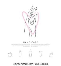 Hand care. Caring for the hands with love. A vector concept made in modern line style with palce for your text. Simple illustration with cosmetic items. Perfect for flyer, poster or logo design. 