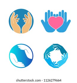 Hand care charity logo emblem design template. Social foundation for human welfare vector illustration