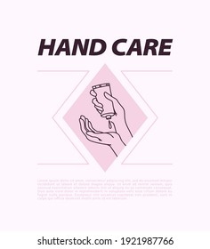 Hand care emblem with human hands hold moisturizer tube and extrude cream drop concept isolated on white background. Vector line art hand drawn illustration. For brand insignia, banner, advertisement.