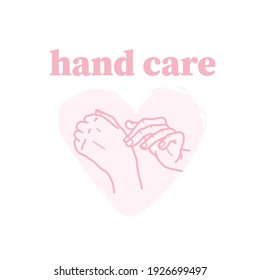 Hand care emblem with human hands stroking each other icon isolated on white background. Vector line art hand drawn illustration. For brand insignia, banner, advertisement, packaging etc.