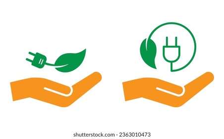 Hand care green leaf with plug eco energy concept icon