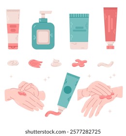 Hand care illustration showing lotion application and skincare products in pastel tones. Great for wellness, self-care routines, and beauty treatments