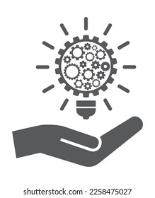 Hand care lightbulb with gears cogs wheel mechanism teamwork inside icon