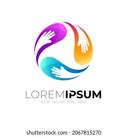 Logotipo de cuidado manual con comunidad de diseño circular, icono colorido