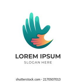 diseño de logotipo de cuidado de manos con un estilo de color verde y naranja 3d