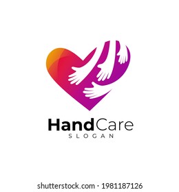 Hand care logo with love design community, social logo vector