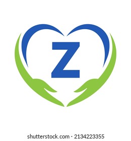 Hand Care Logo On Letter Z. Letter Z Charity Logo, Healthcare Care, Foundation with Hand Symbol