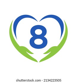 Hand Care Logo On Letter 8. Letter 8 Charity Logo, Healthcare Care, Foundation with Hand Symbol
