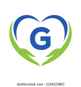 Hand Care Logo On Letter G. Letter G Charity Logo, Healthcare Care, Foundation with Hand Symbol