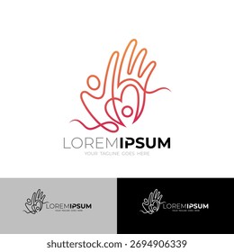 Logotipo del cuidado de la mano con la caridad del diseño de la gente, estilo de la línea