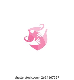Hand care logo with shield combination in pink color flat design style