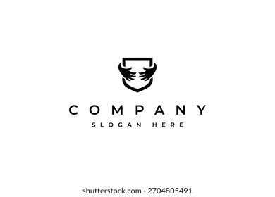 Logotipo del cuidado de la mano con el icono del escudo en estilo plano del diseño del Vector