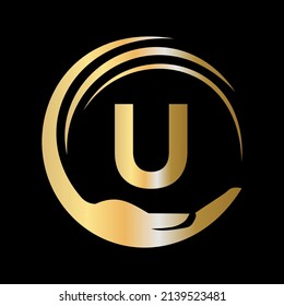Hand Care Logo Template On Letter U. Initial Unity Charity Foundation Sign. Unity Team Work Logo Design with U Letter Template