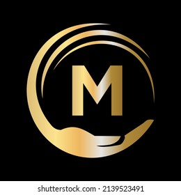 Hand Care Logo Template On Letter M. Initial Unity Charity Foundation Sign. Unity Team Work Logo Design with M Letter Template
