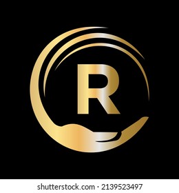Hand Care Logo Template On Letter R. Initial Unity Charity Foundation Sign. Unity Team Work Logo Design with R Letter Template