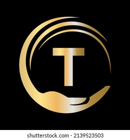Hand Care Logo Template On Letter T. Initial Unity Charity Foundation Sign. Unity Team Work Logo Design with T Letter Template