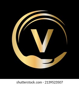 Hand Care Logo Template On Letter V. Initial Unity Charity Foundation Sign. Unity Team Work Logo Design with V Letter Template