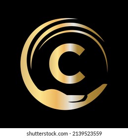 Plantilla De Logotipo De Atención Médica A Mano En La Letra C. Signo Inicial De La Fundación De Caridad De Unidad. Diseño del logotipo de trabajo de equipo de Unity con plantilla de letra C