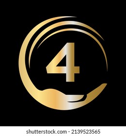 Hand Care Logo Template On Letter 4. Initial Unity Charity Foundation Sign. Unity Team Work Logo Design with 4 Letter Template