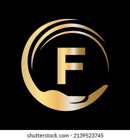 Hand Care Logo Template On Letter F. Initial Unity Charity Foundation Sign. Unity Team Work Logo Design with F Letter Template