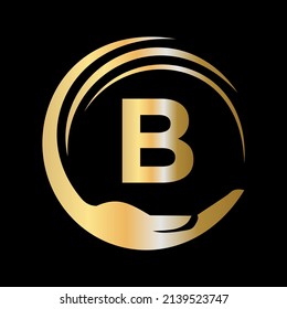 Hand Care Logo Template On Letter B. Initial Unity Charity Foundation Sign. Unity Team Work Logo Design with B Letter Template