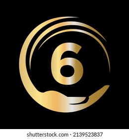 Plantilla De Logotipo De Cuidado De La Mano En La Carta 6. Signo inicial de la Fundación de Caridad de Unidad. Diseño del logotipo de trabajo de equipo de Unity con plantilla de 6 letras
