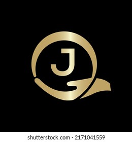 Hand Care Logo Template On Letter J. Creative letter J Logo Design Vector Template.