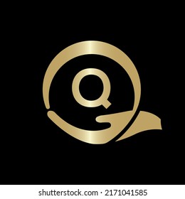 Hand Care Logo Template On Letter Q. Creative letter Q Logo Design Vector Template.