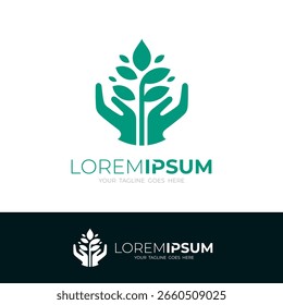 Logotipo de cuidados com a mão e combinação de logotipo de árvore, cor verde