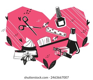 Hand care and manicure products on a heart-shaped background. Design for nail salons and hand cosmetics, nail art and manicure procedures emblem, flat vector illustration isolated on white background.