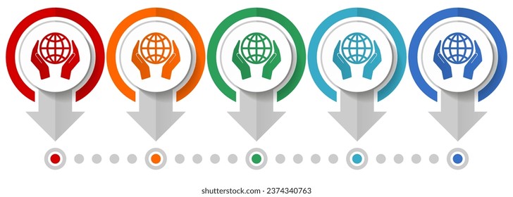 Hand care planet environment vector icon set, flat design infographic template, set pointer concept icons in 5 color options for webdesign and mobile applications