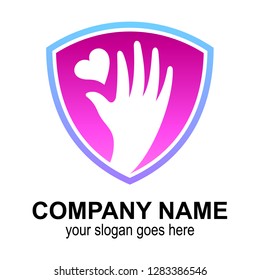 hand care and protection vector, shield with hand and heart shape logo design