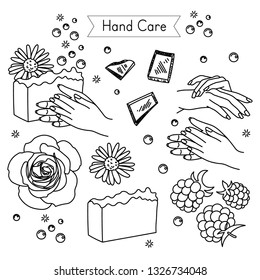 Hand Care set for spa salon, eco cosmetics vector icons in sketch style.
