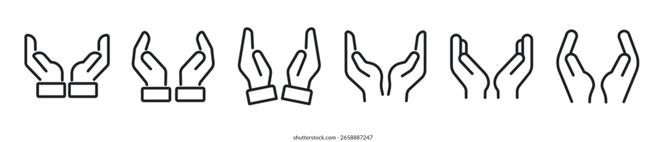 Hand care thin line icon set. support, give, help, holding minimal icons