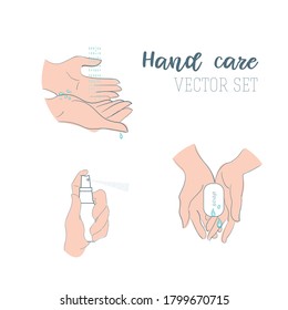 Cuidado de la mano, conjunto de vectores. Ilustración de manos bajo el agua del grifo, manos con jabón, manos con una botella de spray.