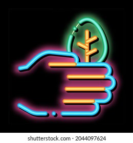 Hand Care Wood Leaves Tree neon light sign vector. Glowing bright icon transparent symbol illustration