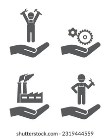 Trabajador de cuidado manual, engranajes, conjunto de iconos de fábrica