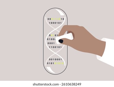 A hand carefully edits sequences of DNA code displayed as binary digits, representing cutting-edge technology and scientific advancements in genetic engineering and biomedicine