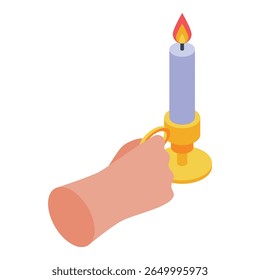 Hand carefully holding a burning candle in a golden candlestick, creating a peaceful and spiritual atmosphere