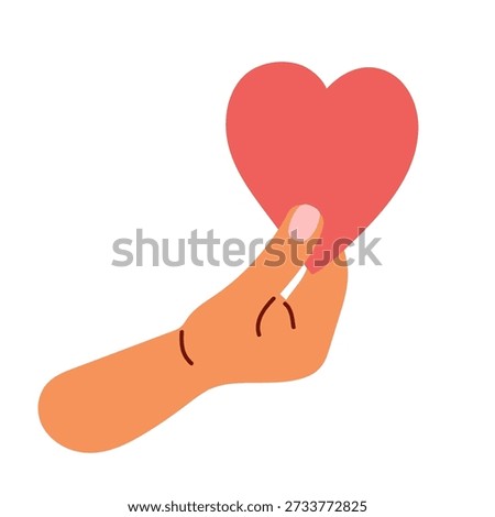 Hand, carefully holding red heart. Symbol of care, protection, love and mercy. Vector illustration for healthcare, charity, social campaigns, family values themes for poster, banner, and greeting.