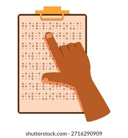 Mano leyendo cuidadosamente braille en un Portapapeles, simbolizando accesibilidad, inclusión y comunicación para personas con discapacidad visual