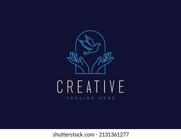 Hand Caring and Bird Fly Logo Line Art Design Template