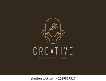 Hand Caring Flower Line Logo Line Art Design Template