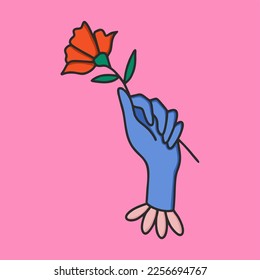 Mano con flor de clavel, afiche retro brillante. Ilustración para imprimir. Caricatura psicodélica.